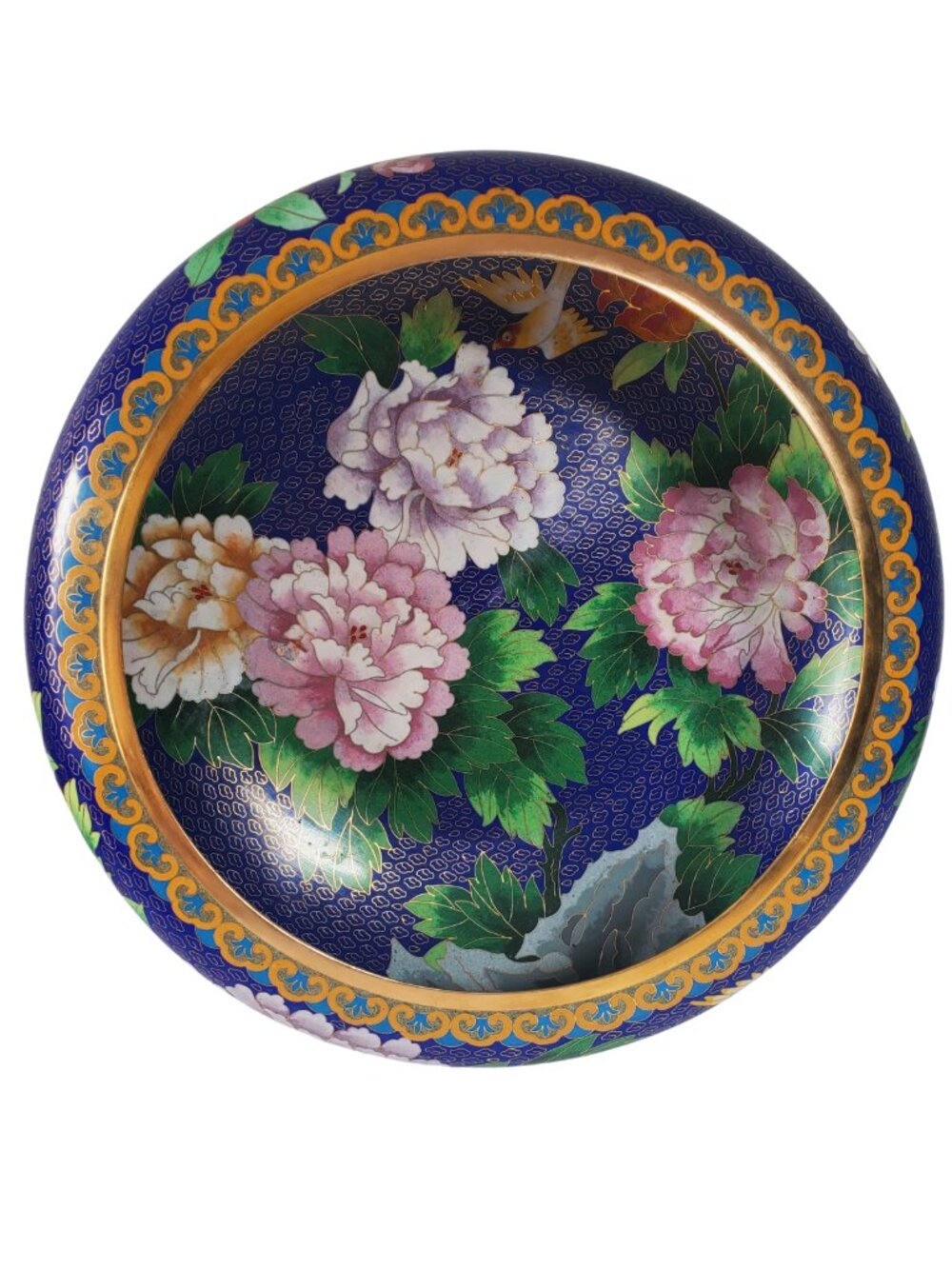 Vintage 15” Large Chinese Cloisonne Bowl Blue Floral Birds Brass Centerpiece